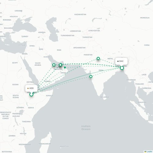 Mapa lotu bezpośredniego Addis Abeba – Dhaka