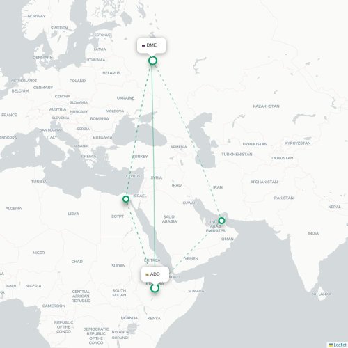 Mapa de vuelo directo Addis Abeba - Moscú