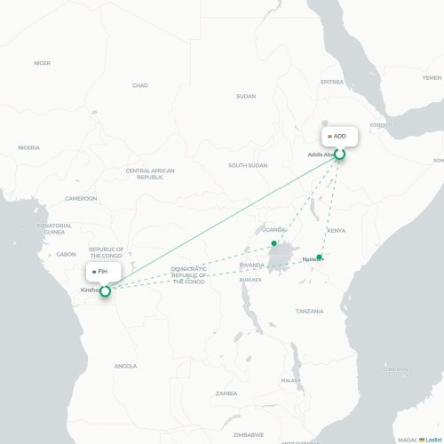 Addis Abeba - Kinshasa carte du vol direct