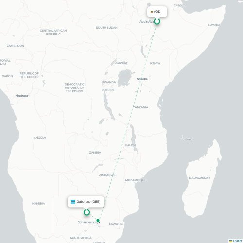 Mapa lotu bezpośredniego Addis Abeba – Gaborone