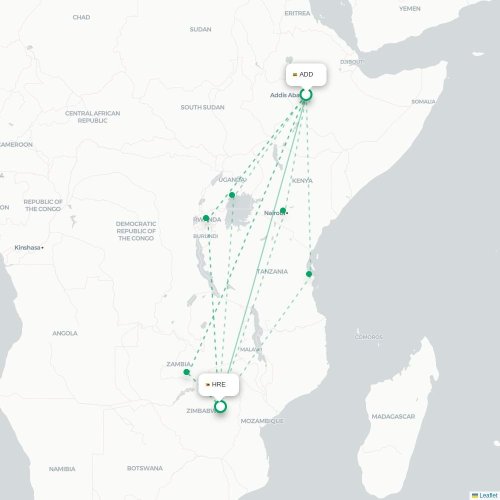 Mapa lotu bezpośredniego Addis Abeba – Harare