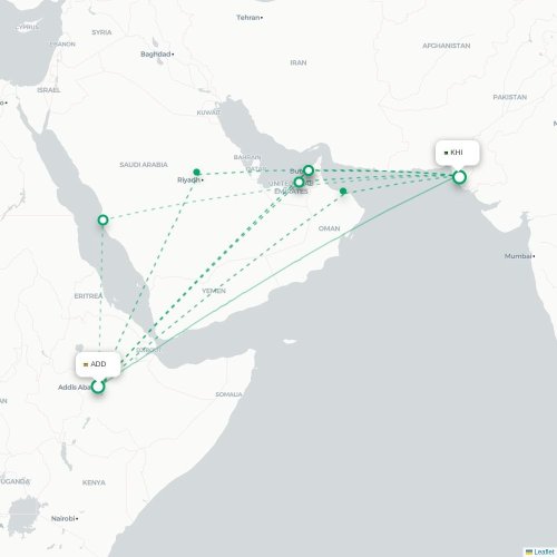 Mapa de vuelo directo Addis Abeba - Karachi