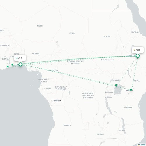 Addis Abeba - Lagos kaart van rechtstreekse vlucht