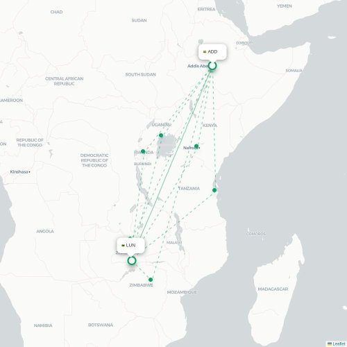 Mapa lotu bezpośredniego Addis Abeba – Lusaka