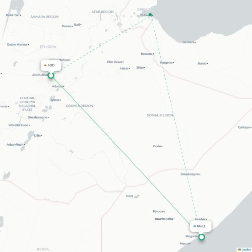 Addis Abeba – Mogadishu suoran lennon kartta