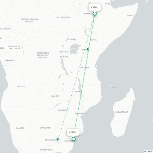 Mapa lotu bezpośredniego Addis Abeba – Maputo
