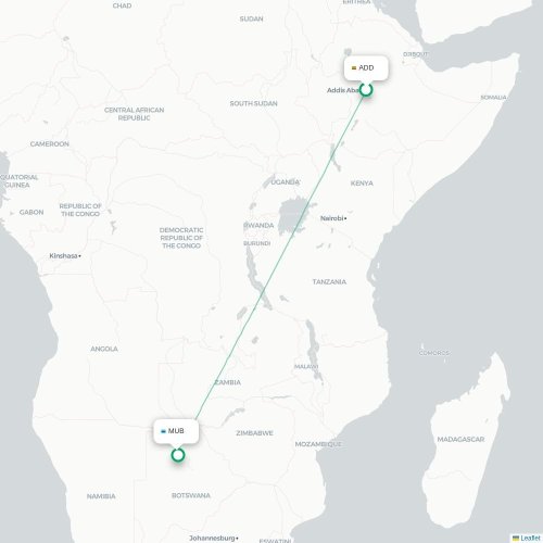 Mapa lotu bezpośredniego Addis Abeba – Maun