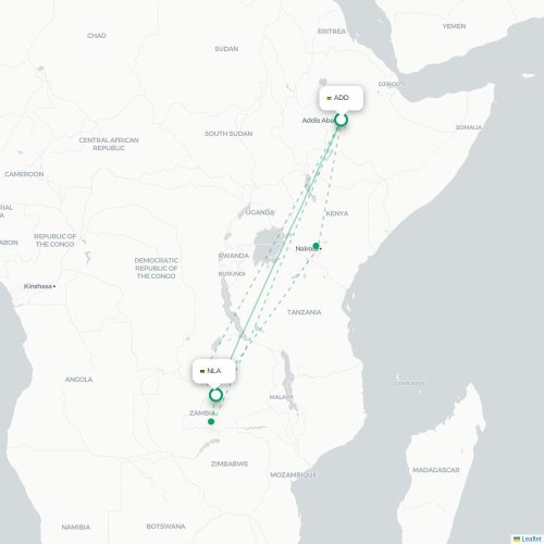 Mapa lotu bezpośredniego Addis Abeba – Ndola