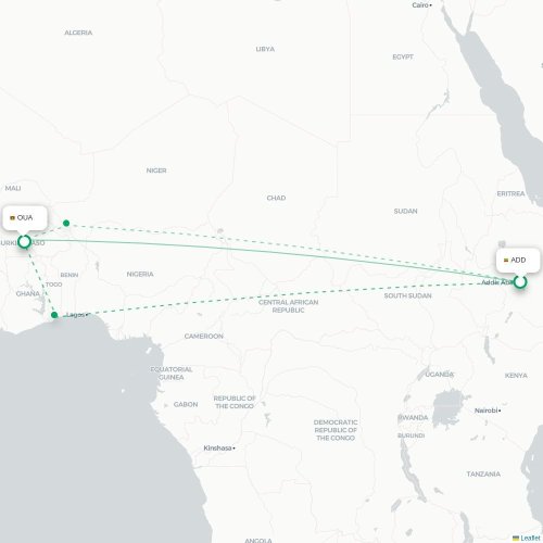 Addis Abeba - Ouagadougou kaart van rechtstreekse vlucht
