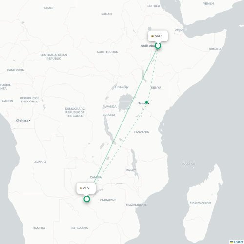 Addis Abeba - Victoria Falls kaart van rechtstreekse vlucht