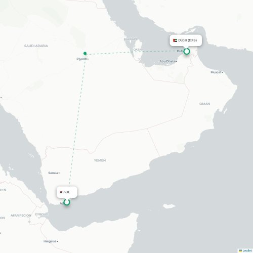 Aden - Dubai karta över direktflyg
