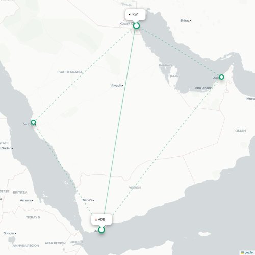Mapa de vuelo directo Adén - Ciudad de Kuwait