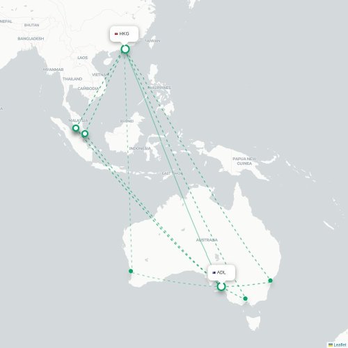 Mapa lotu bezpośredniego Adelajda Południowa – Hongkong