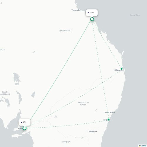 Adelaide - Proserpine kaart van rechtstreekse vlucht