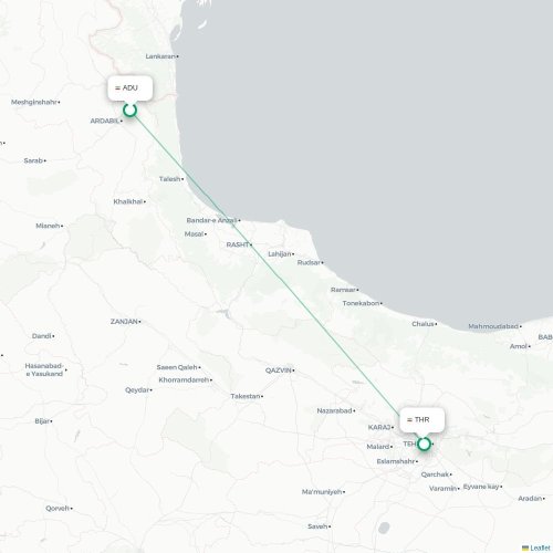 Mapa de vuelo directo Ardabīl - Teherán