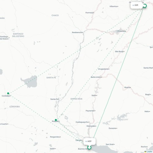 Mapa lotu bezpośredniego Buenos Aires – Puerto Iguazú