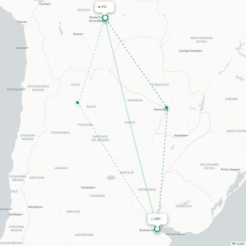 Mapa lotu bezpośredniego Buenos Aires – Santa Cruz