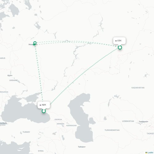 Mapa de vuelo directo Sochi - Cheliábinsk