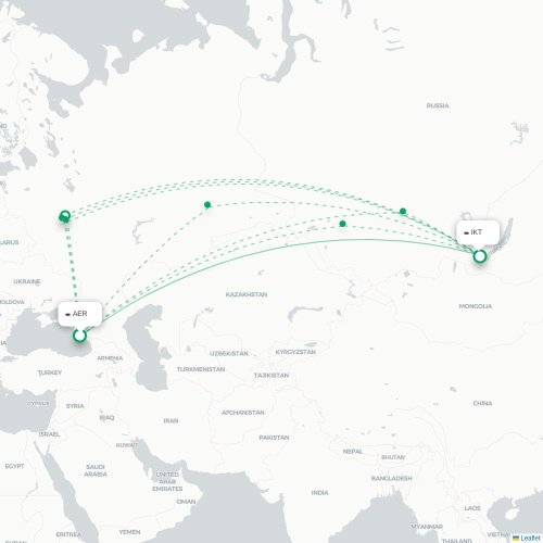 Mapa de vuelo directo Sochi - Irkutsk