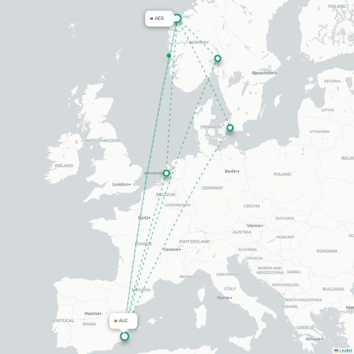 Mapa de vuelo directo Ålesund - Alicante