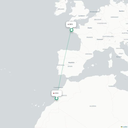 Agadir - Brest kaart van rechtstreekse vlucht