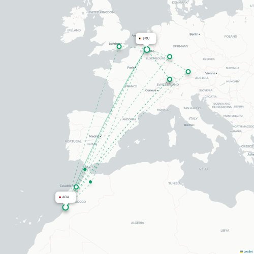 Mapa lotu bezpośredniego Agadir – Bruksela