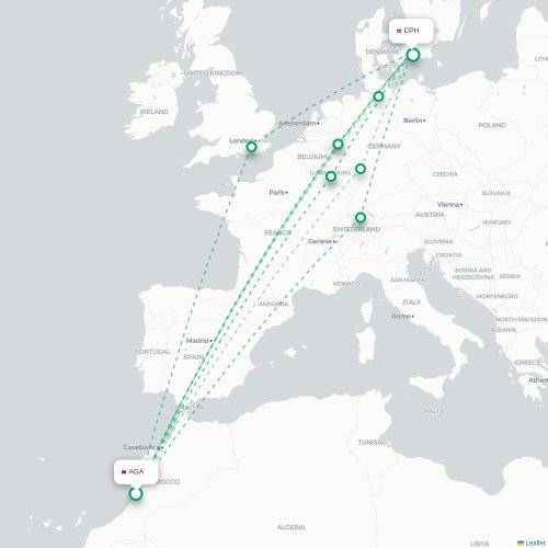 Mapa lotu bezpośredniego Agadir – Kopenhaga