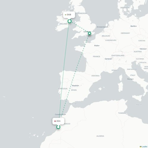 Mapa de vuelo directo Agadir - Dublín