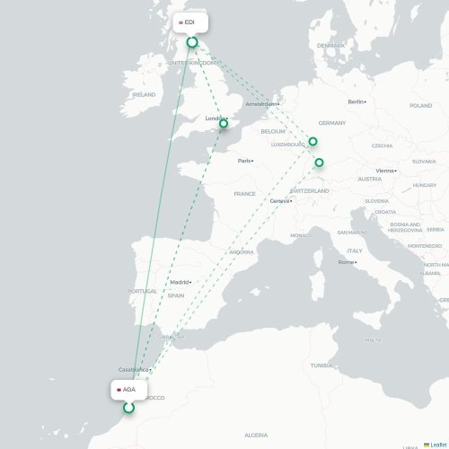 Mapa de vuelo directo Agadir - Edimburgo