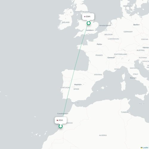 Agadir - Nottingham kort over direkte fly