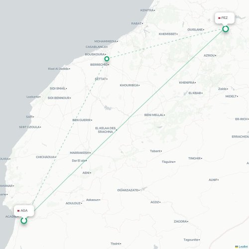 Mapa de vuelo directo Agadir - Fez