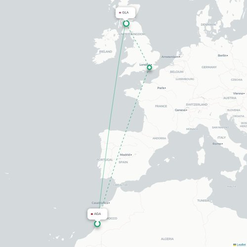 Agadir - Glasgow kort over direkte fly