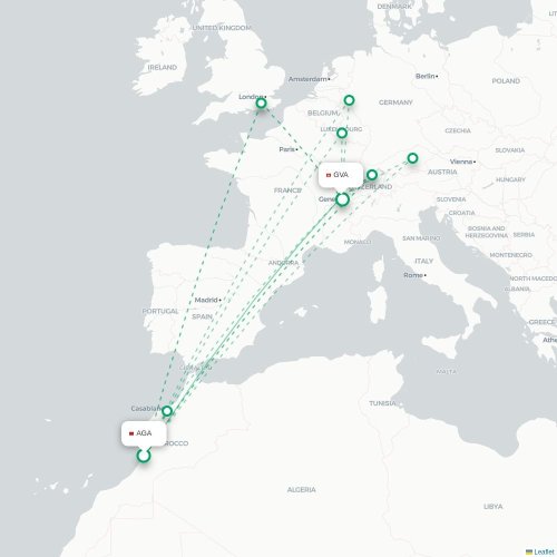 Mapa de vuelo directo Agadir - Ginebra