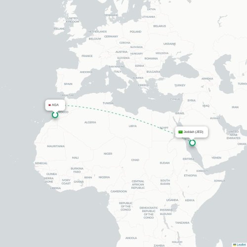 Mapa de vuelo directo Agadir - Jedda
