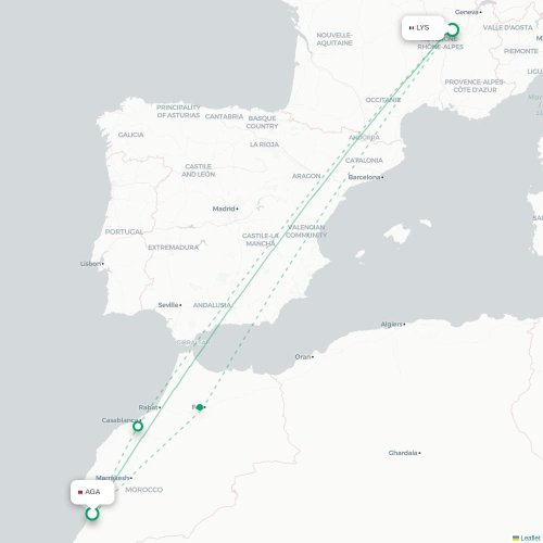 Mapa de vuelo directo Agadir - Lyon