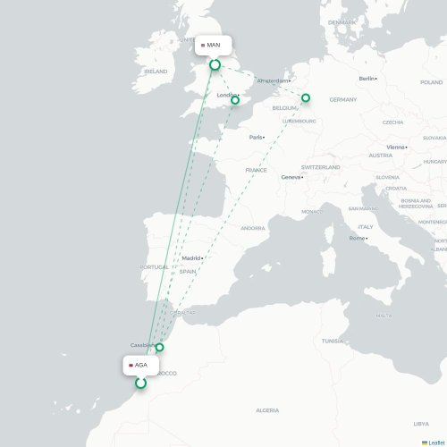 Agadir - Manchester kaart van rechtstreekse vlucht