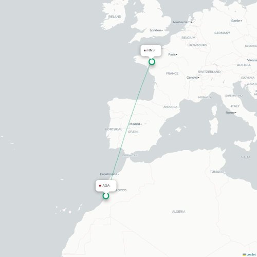 Mapa lotu bezpośredniego Agadir – Rennes