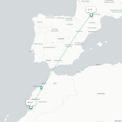 Mapa lotu bezpośredniego Agadir – Tuluza