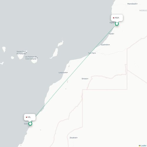 Mapa de vuelo directo Agadir - Dajla, Sáhara Occidental