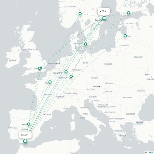 Mapa lotu bezpośredniego Malaga – Sztokholm