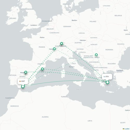 Mapa de vuelo directo Málaga - Atenas