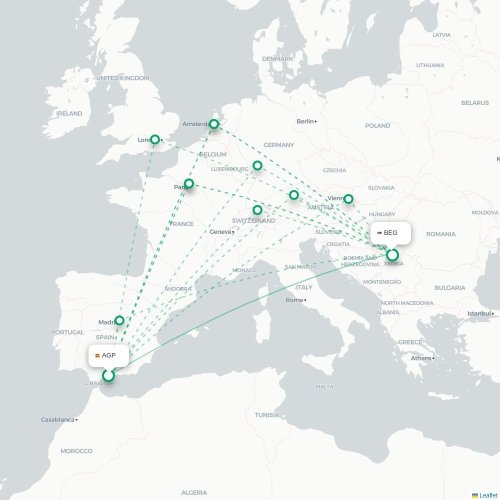 Mapa de vuelo directo Málaga - Belgrado
