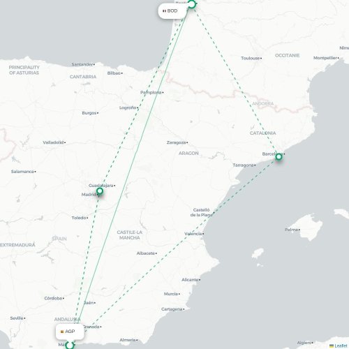 Mapa de vuelo directo Málaga - Burdeos