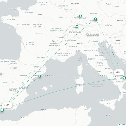 Mapa de vuelo directo Málaga - Bari