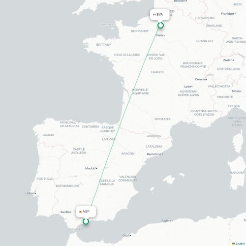 Mapa de vuelo directo Málaga - París