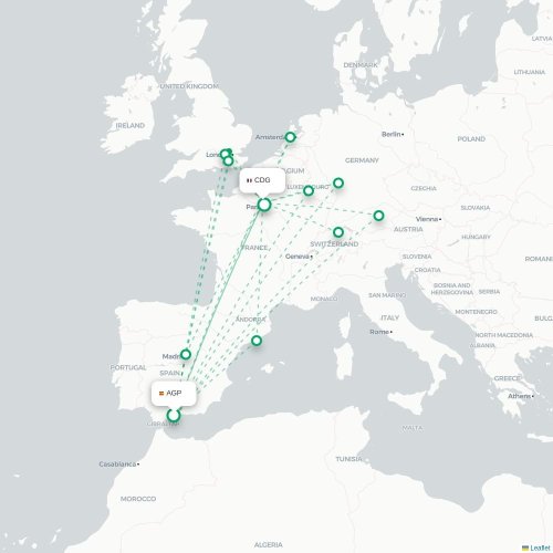 Mapa de vuelo directo Málaga - París