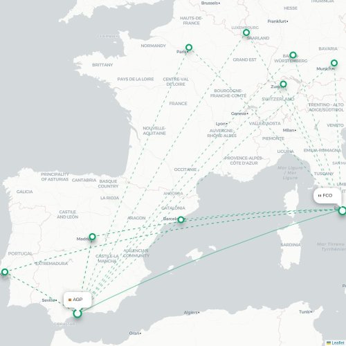 Mapa de vuelo directo Málaga - Roma