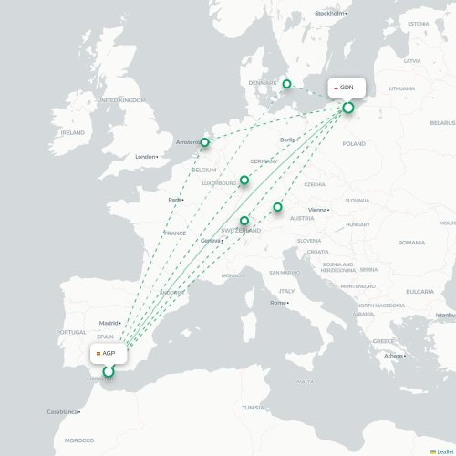 Mapa lotu bezpośredniego Malaga – Gdańsk