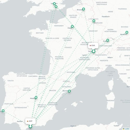 Mapa de vuelo directo Málaga - Ginebra