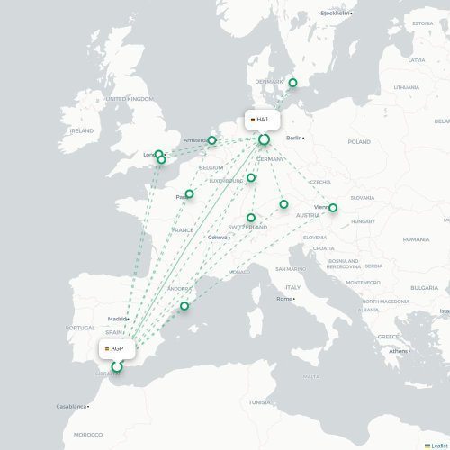 Mapa de vuelo directo Málaga - Hannover